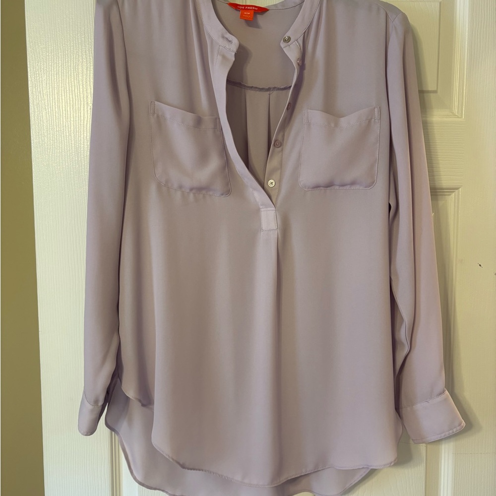 Joe Fresh Blouse Light Gray Button Front Tunic Long Sleeve Workwear Casual